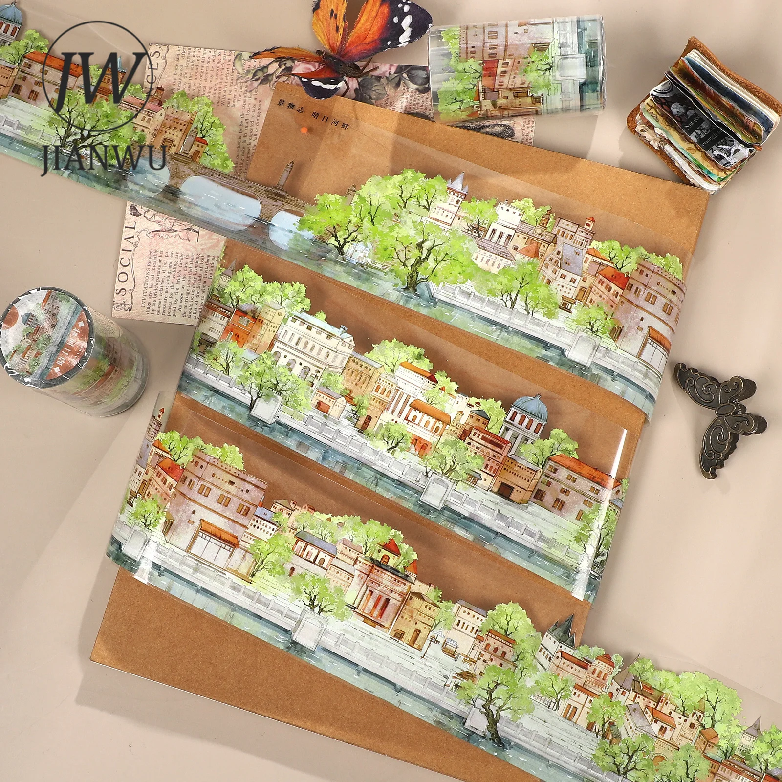 

JIANWU 70 мм * 5 м винтажный солнечный дом в виде реки, пейзажный материал, коллаж, скрапбукинг, ПЭТ-лента, креативный DIY журнал, канцелярские принадлежности