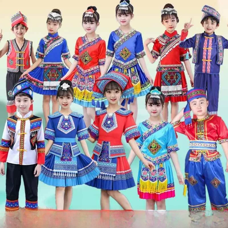 

Футболка March, детский костюм для выступлений для мальчиков и девочек, этнический минори Чжуанг Донг, детский национальный костюм в этническом стиле