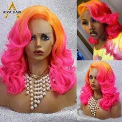 Peluca con malla frontal sintética naranja y rosa, peluca corta ondulada blanca ombré Aiva, pelucas de encaje sintético para Cosplay resistentes al calor para mujeres negras