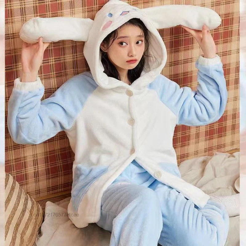 Sanrio Cinnamoroll Plush Cotton Cute Hooded 2 Pcs Pajamas Sets Y2k Sweet Cartoon Oversize Casual Pyjamas Women Winter Home Set