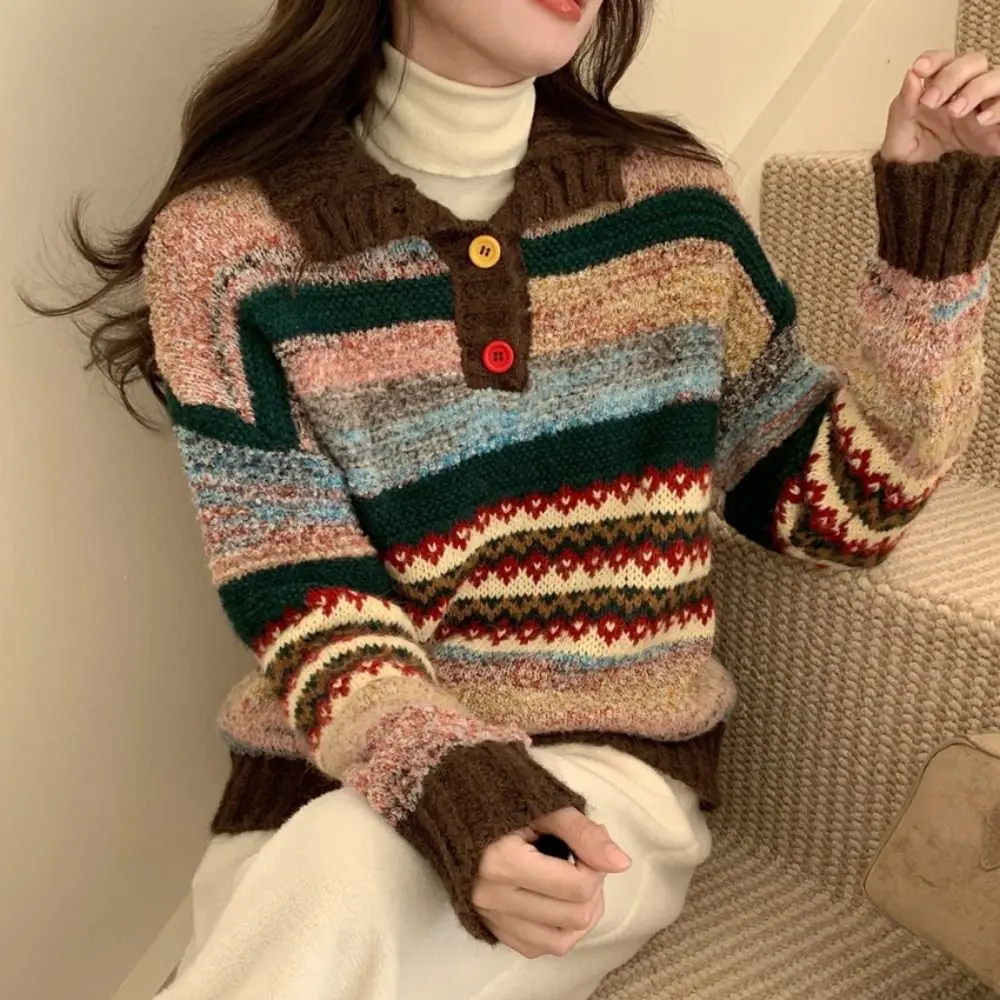 Long Sleeve Knit Sweater Women Loose Soft Sweet Girl's Pullover Retro Sweet Colorfult Crochet Knitwear Spring/Winter
