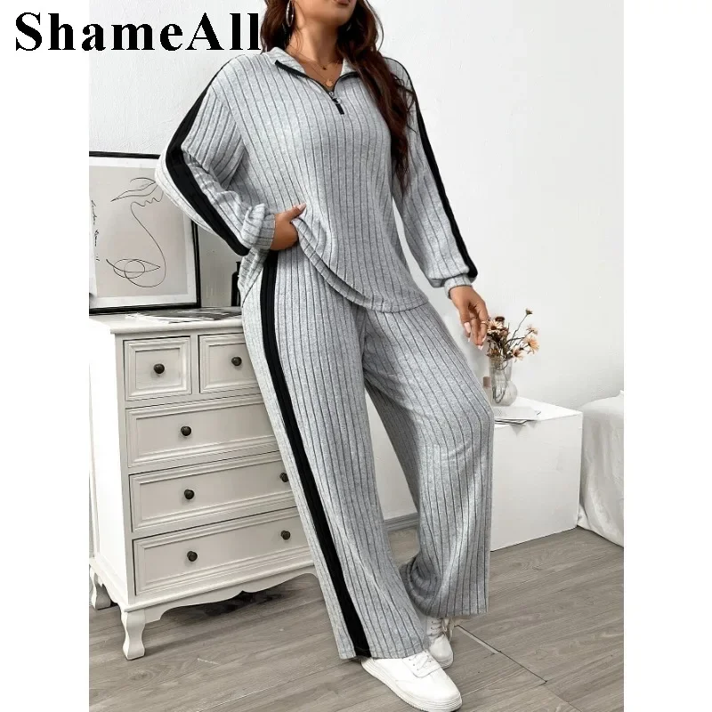 Women's Plus Size Contrast Side Seam Drop Shoulder Casual Fashion Two-piece Set