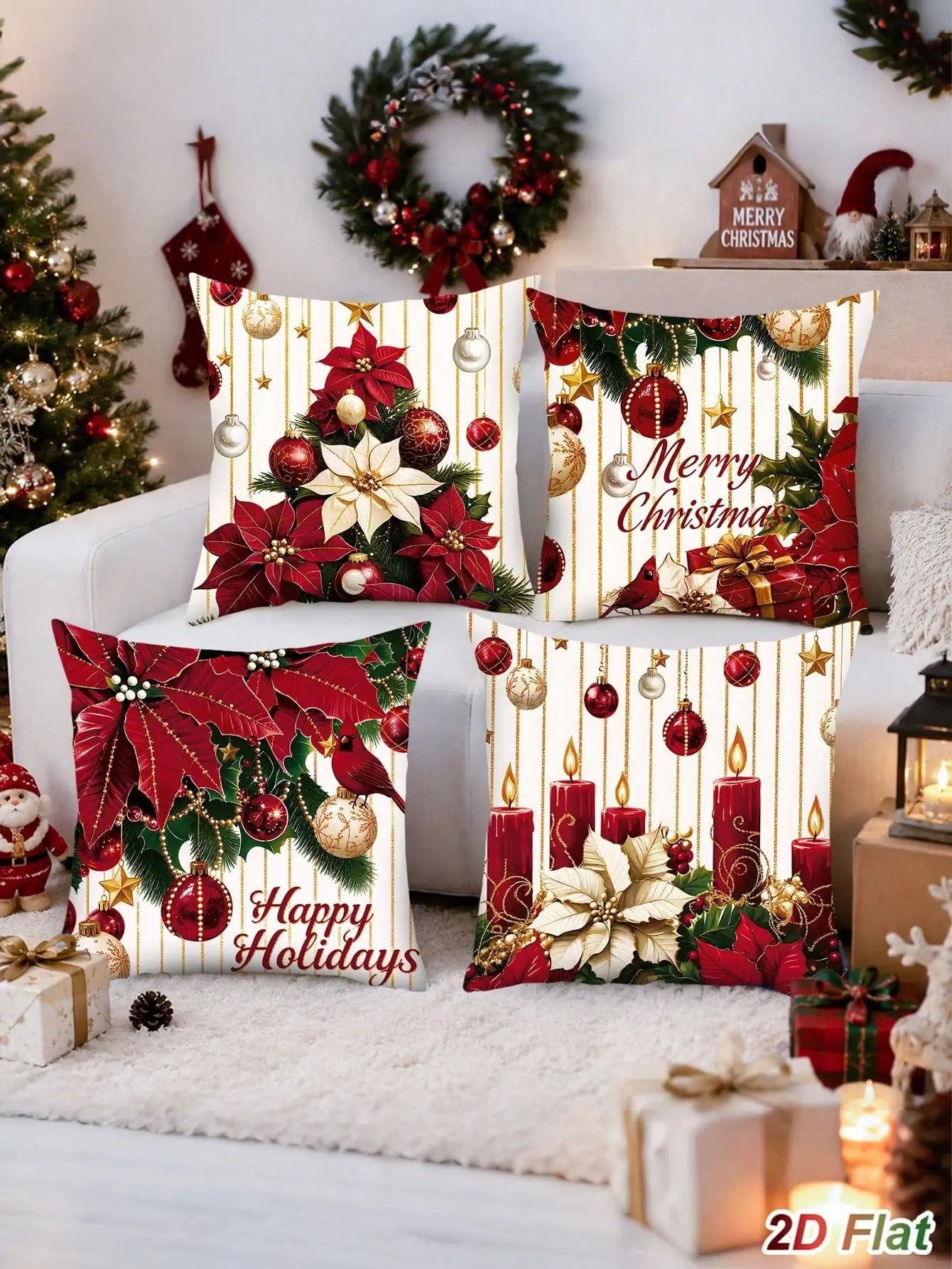 4pcs Christmas Black & Gold Pillowcases, 45*45cm Peach Skin Velvet Decorative Pillowcases, Snowman & Reindeer & Christmas Tree & Gift Pattern,