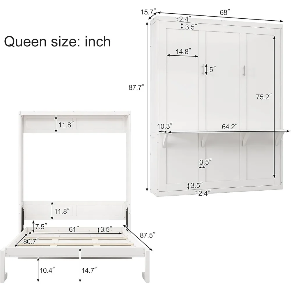 Queen Size Murphy Bed with Desk Combo, 68 Inch Murphys Beds Frame, Cabinet Murphy Beds for Guest Room Study Room Bedroom, Bed