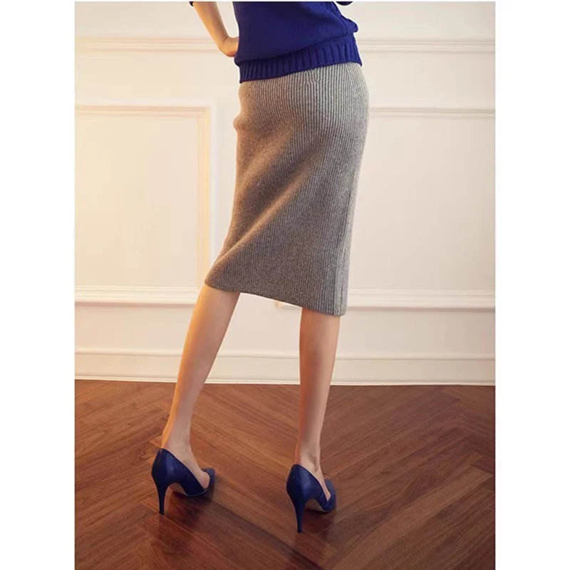 Autumn new cashmere skirt women's long wool knitted bag hip skirt high waist slim one-step skirt trend Joker.