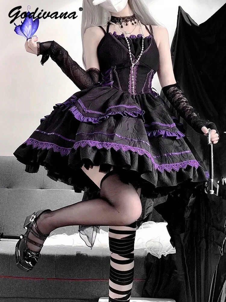 Original Lolita Dark Goth Elegant Lolita JSK Dress Halloween Cos Costume Girl Womens Purple Black Princess Sling Dress with Cape