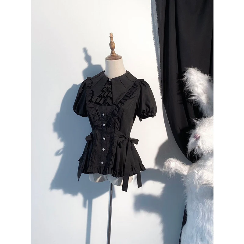 

Lolita Black Bow Shirts Women Kawaii Cutecore White Ruffles Patchwork Blouses Summer Harajuku Gothic Puff Short Sleeve Tops New