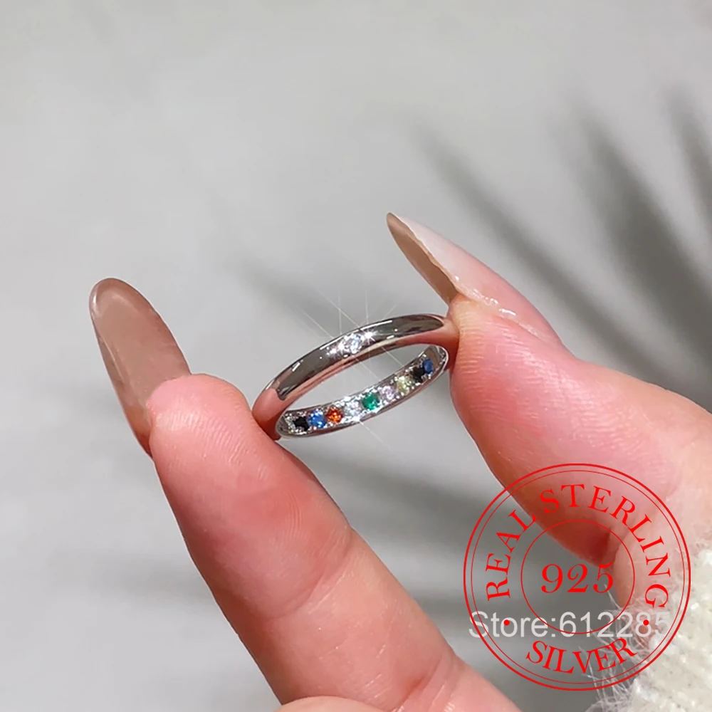 925 Sterling Silver Jewelry Simple Rainbow Rhinestone Crystal Finger Rings for Women Wedding Party Jewelry For Girls Friend Gift