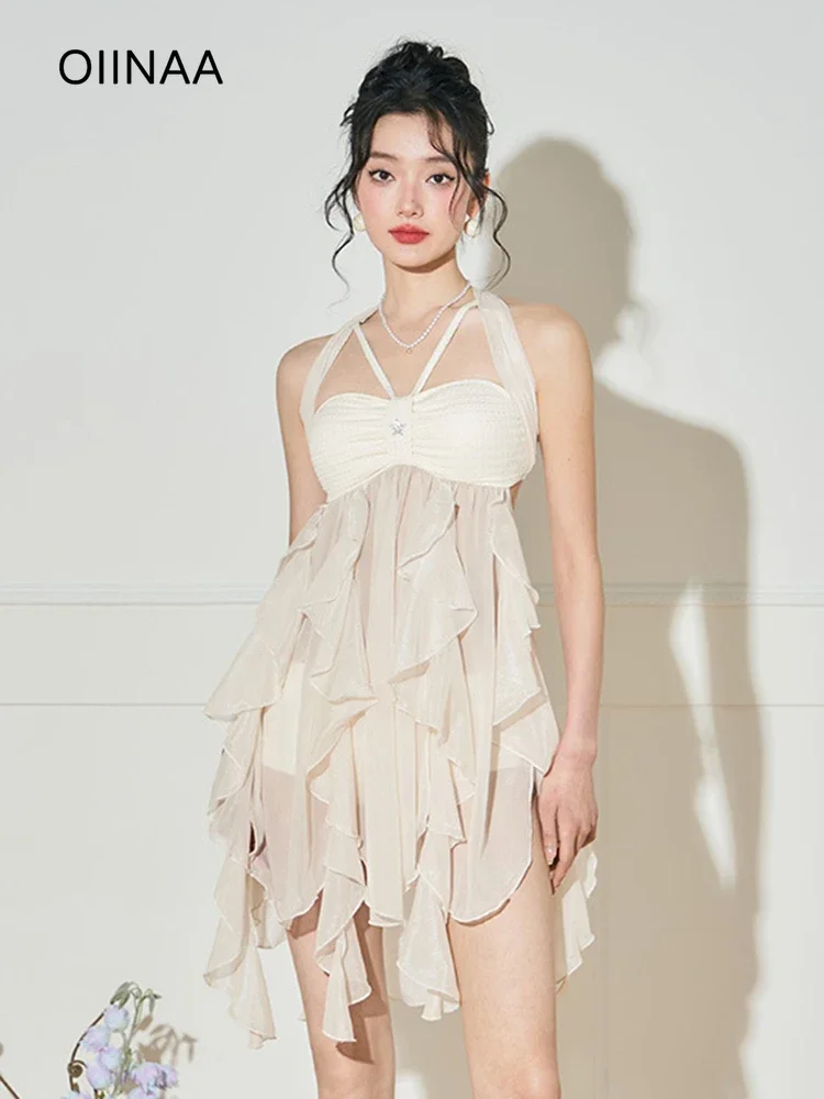 

OIINAA Neck-mounted Bathing Suit Women Irregular Ruffled Swimsuit Dress Summer 2025 New Hot Spring Swimwear Fashion Beachwear