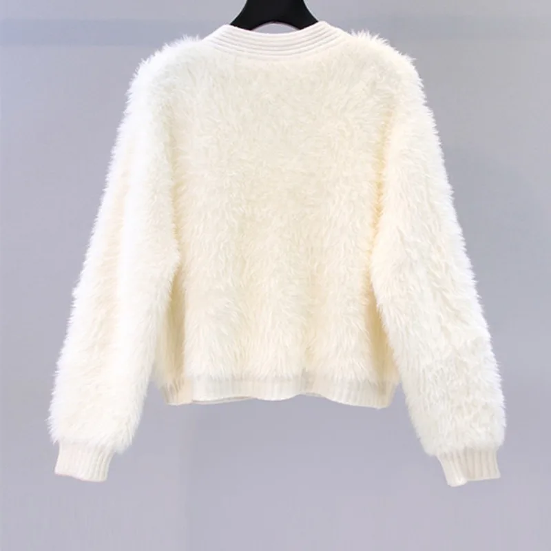 Women's New Fashion Small Perfume Style Imitation Mink Wool Jacket  Loose Short V-neck Knitted Cardigan Summer Dress White