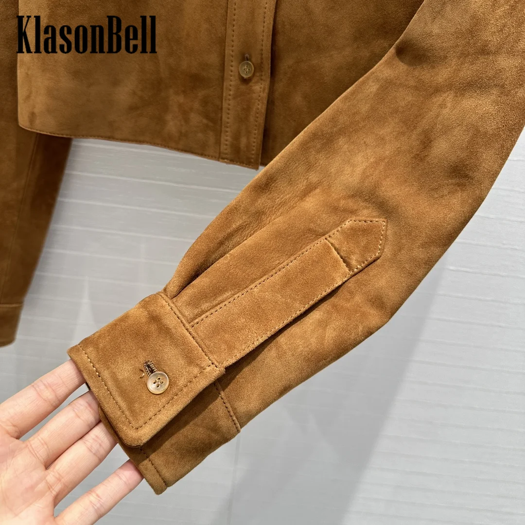 7.11 KlasonBell Women\'s Fashion Letter Embroidery Turn-down Collar Cow Suede Jacket 100% Sheepskin Short Outerwear