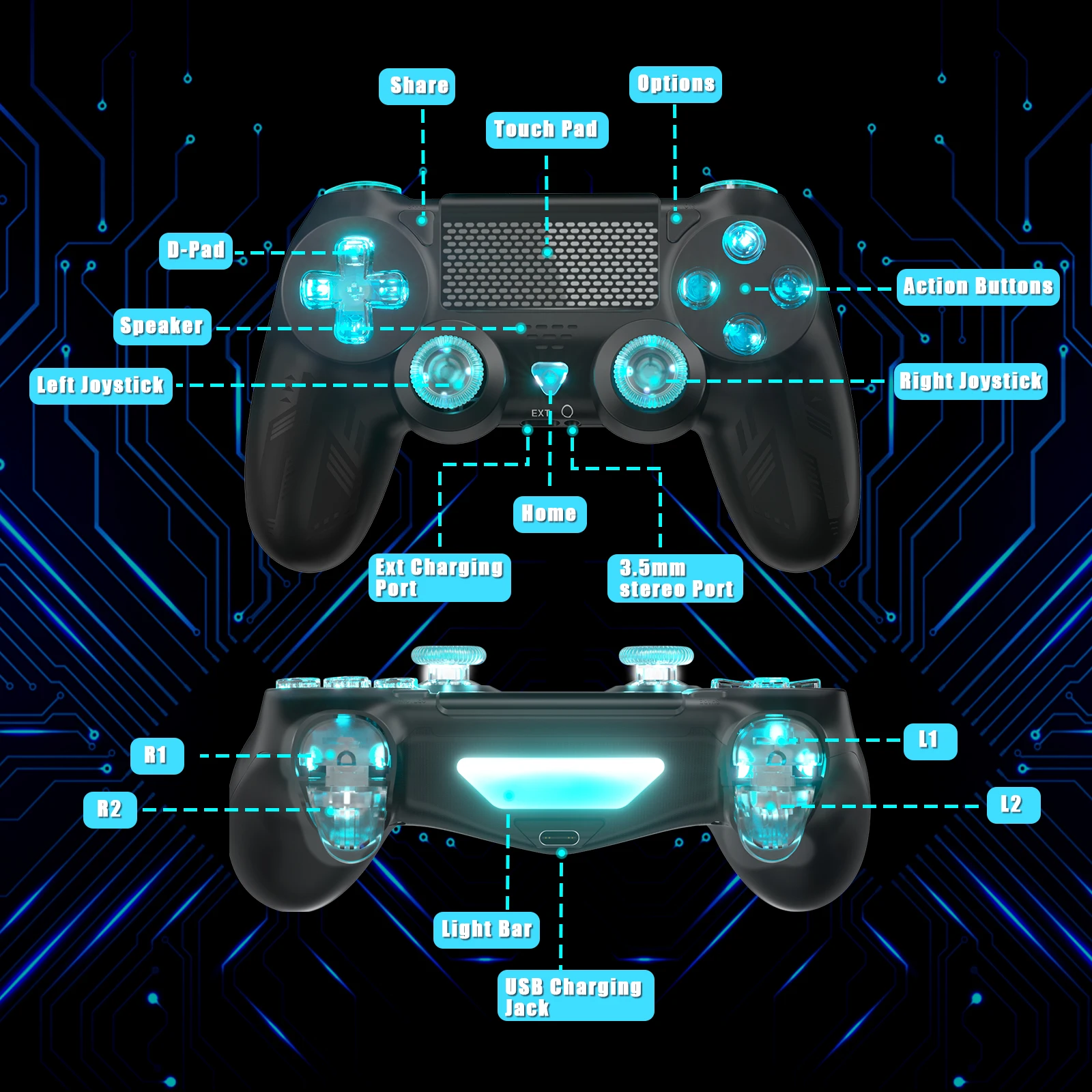 PS4 무선 컨트롤러 게임 조이스틱, LED 조명, 이중 진동, 터보, 6 축 자이로 비디오 게임 리모컨 액세서리