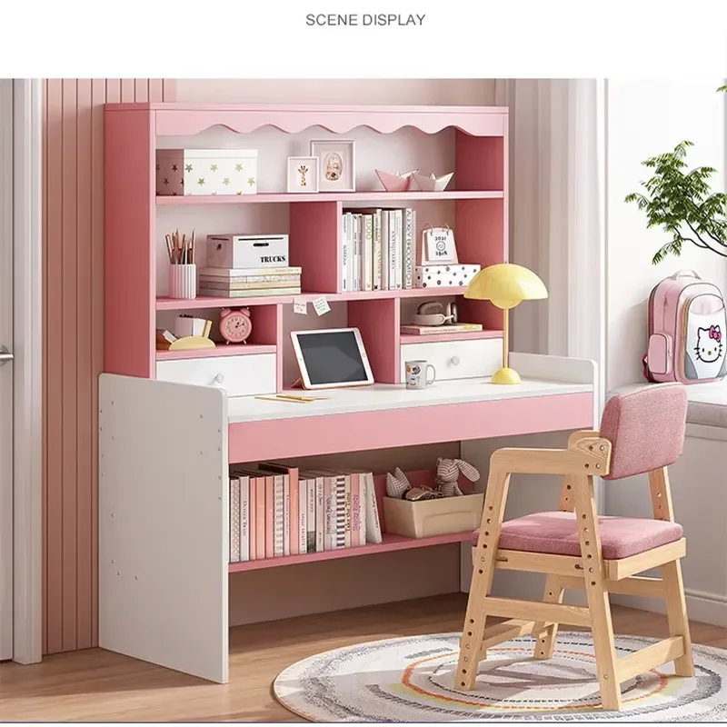 Children's desk and bookshelf integrated liftable and chair set
