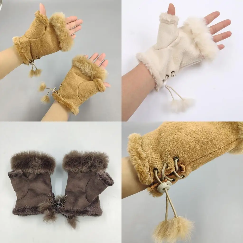 R1WE – gants épais en peluche, demi-doigts, mitaines doublées en polaire, couleur unie, en fausse fourrure lapin, pour sur