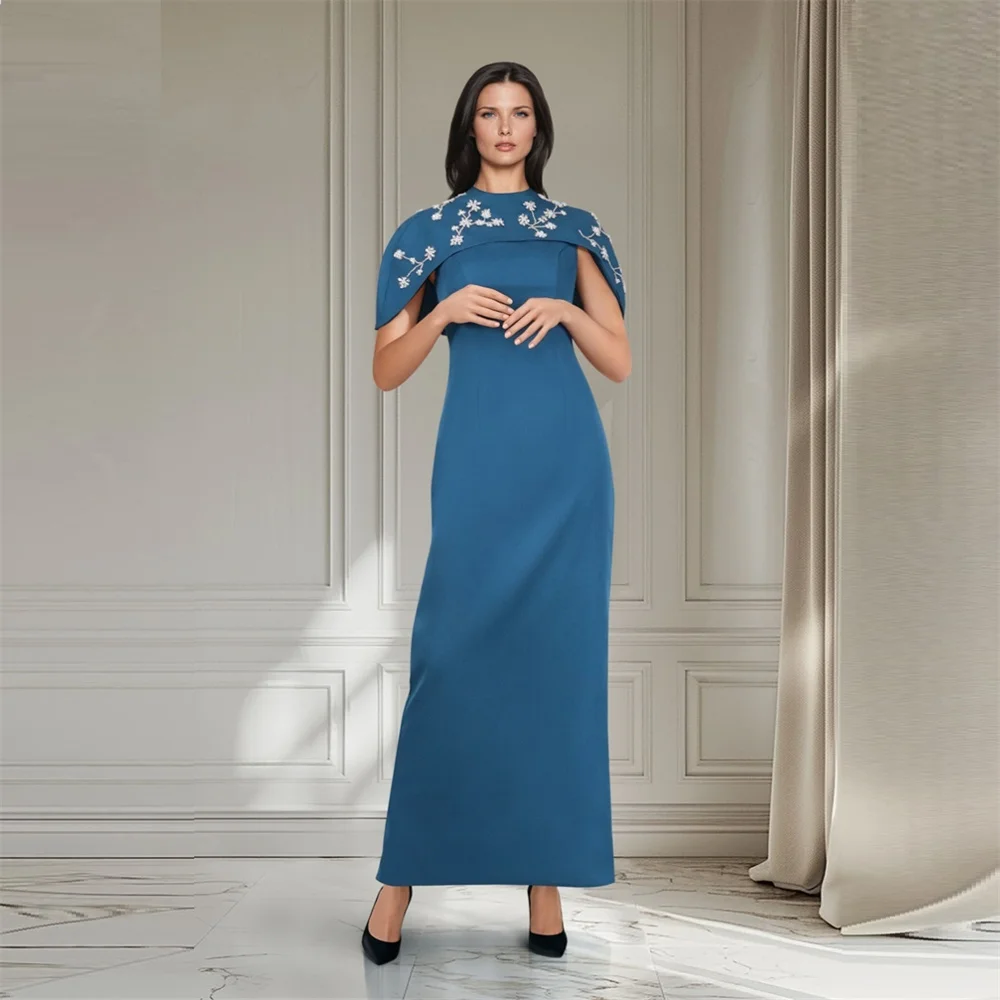 

Customized Evening Dress Formal Saudi Arabia Scoop Neckline Column Ankle Length Skirts Vertically Applique Embroidery Stole Besp