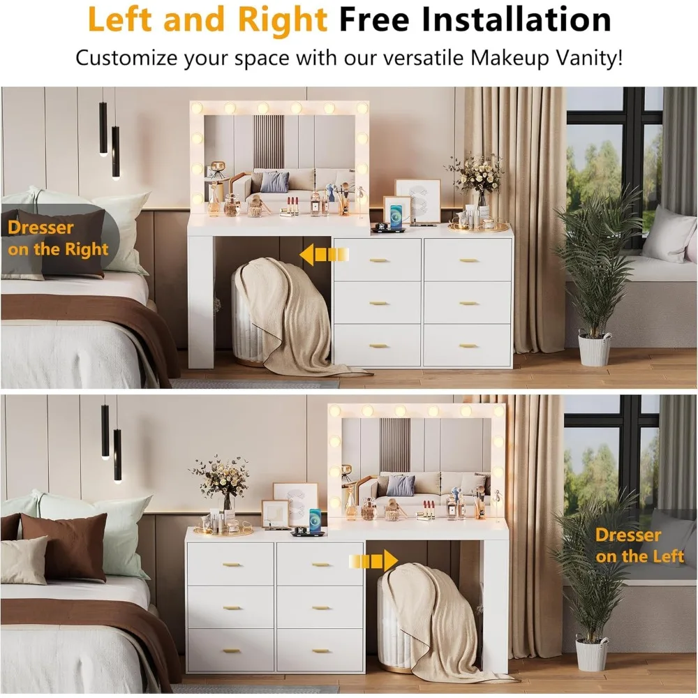 Vanity Makeup Desk with Mirror and 3-Color Lights, Charging Station,6 Drawers,Side 2 Storage Shelves for Bedroom. Dresser image 5