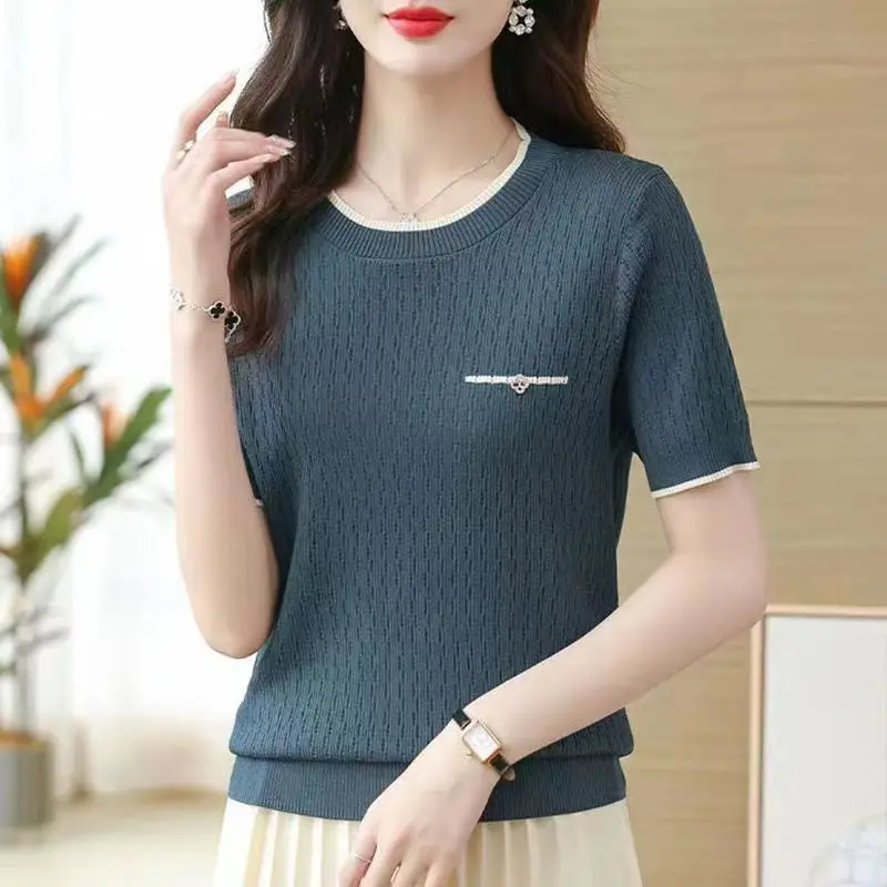 TuangBiang Female Summer Elegant 2023 Decorative Pocket Pullover O-Neck Knitted Short Sleeves T-Shirt Women Thin Loose Blue Tops