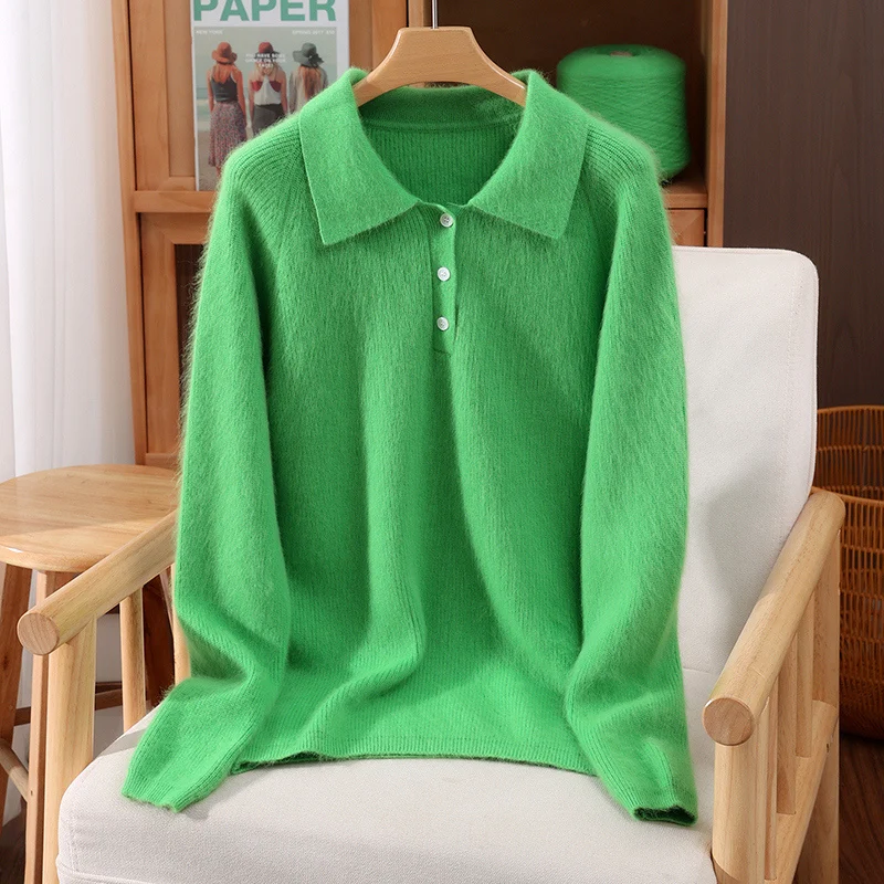 2025 ผู้หญิง 100% Mink Cashmere Sweatetrฤดูใบไม้ร่วงฤดูหนาวTurn-Down Collarปุ่มเสื้อถักPulloverนุ่มแขนยาวเสื้อผ้า