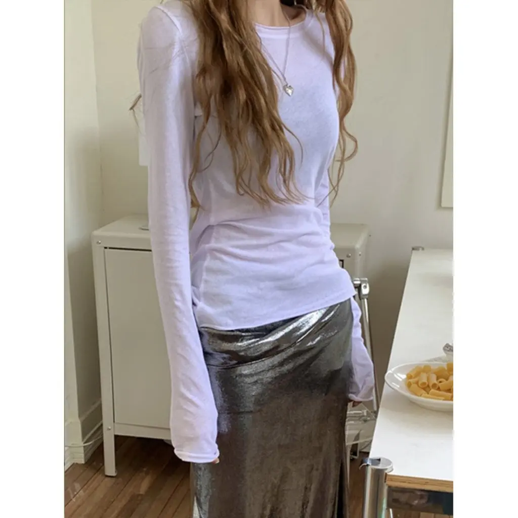 

White Base Shirt Women's Thin Micro-Transparent Long-Sleeved T-Shirt Sunscreen Blouse Slim-Fit Simple Top for Spring