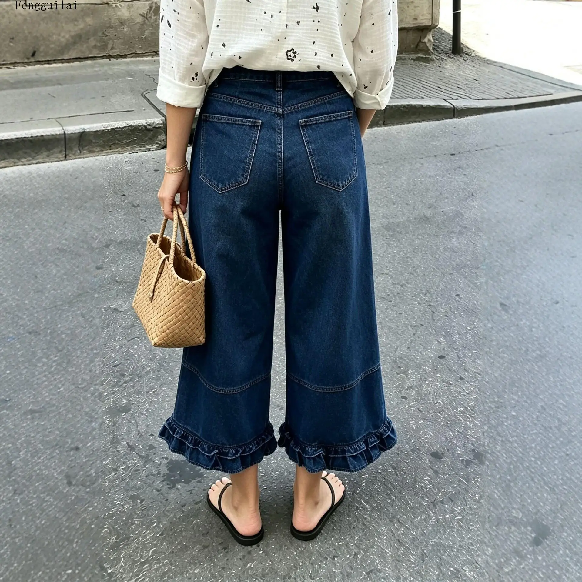 Ladies High Waist Denim Wide Leg Pants Halloween Ghost Pumpkin Bat Pattern Ruffled Hem Casual Loose Fit Jeans Trousers