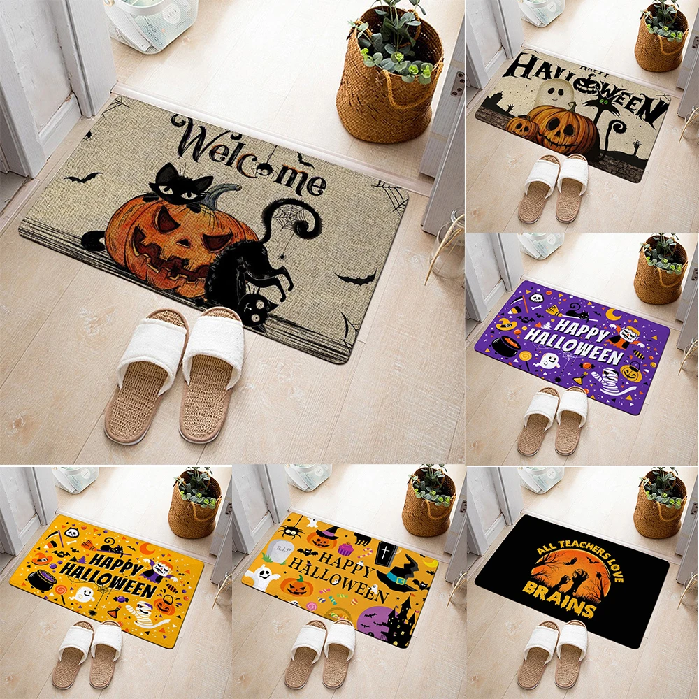 Fußmatte mit Halloween-Motiv und Kürbis, schwarze Katze, Geist, Fledermaus, Hexenhut, Schlossmuster, lustiger Cartoon, dekorativer Eingangsbereich