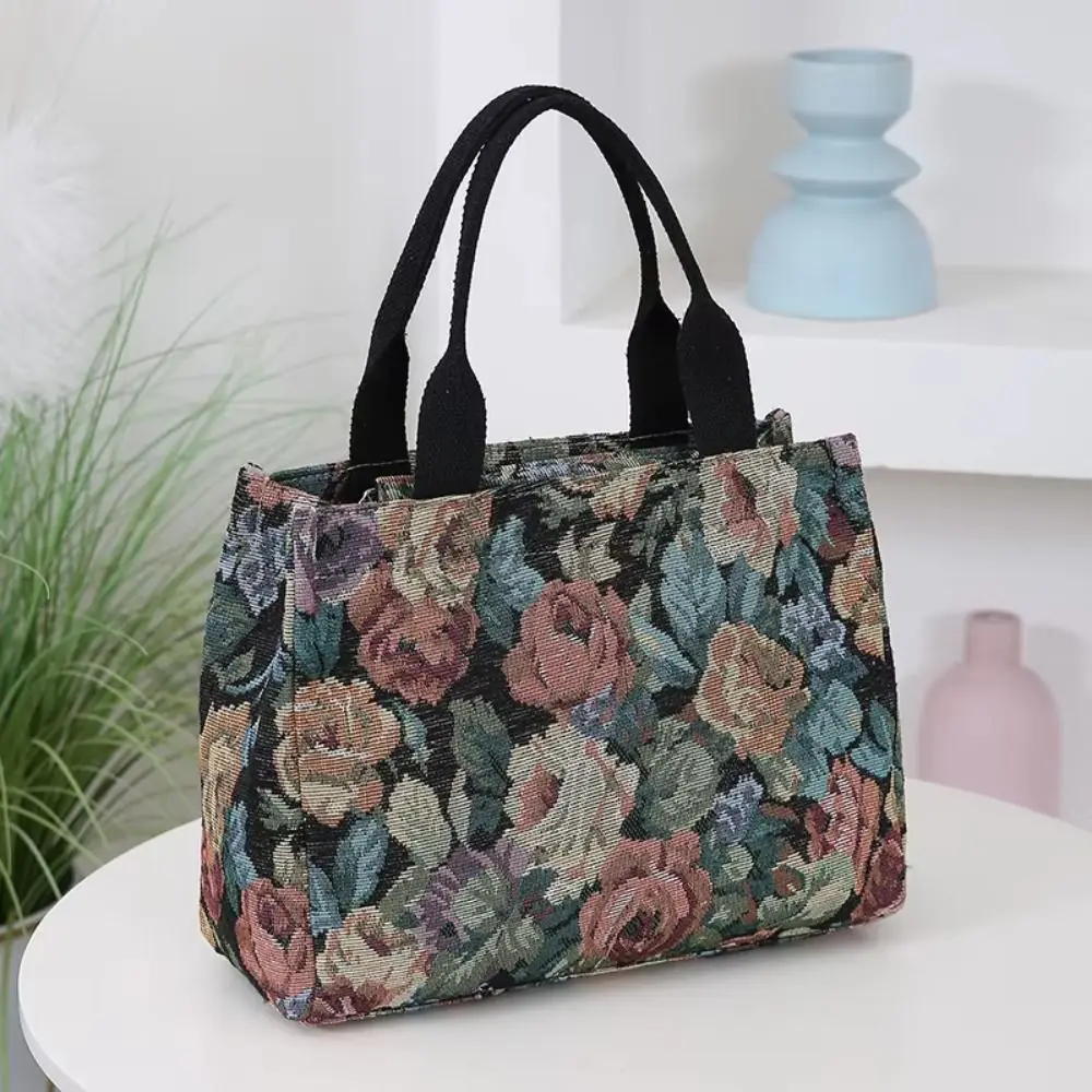 Tragbare Damen-Tragetasche mit Blumenmuster, verdickte Canvas-Lunch-Tasche mit Reißverschluss, große Jacquard-Handtasche – Detail 8