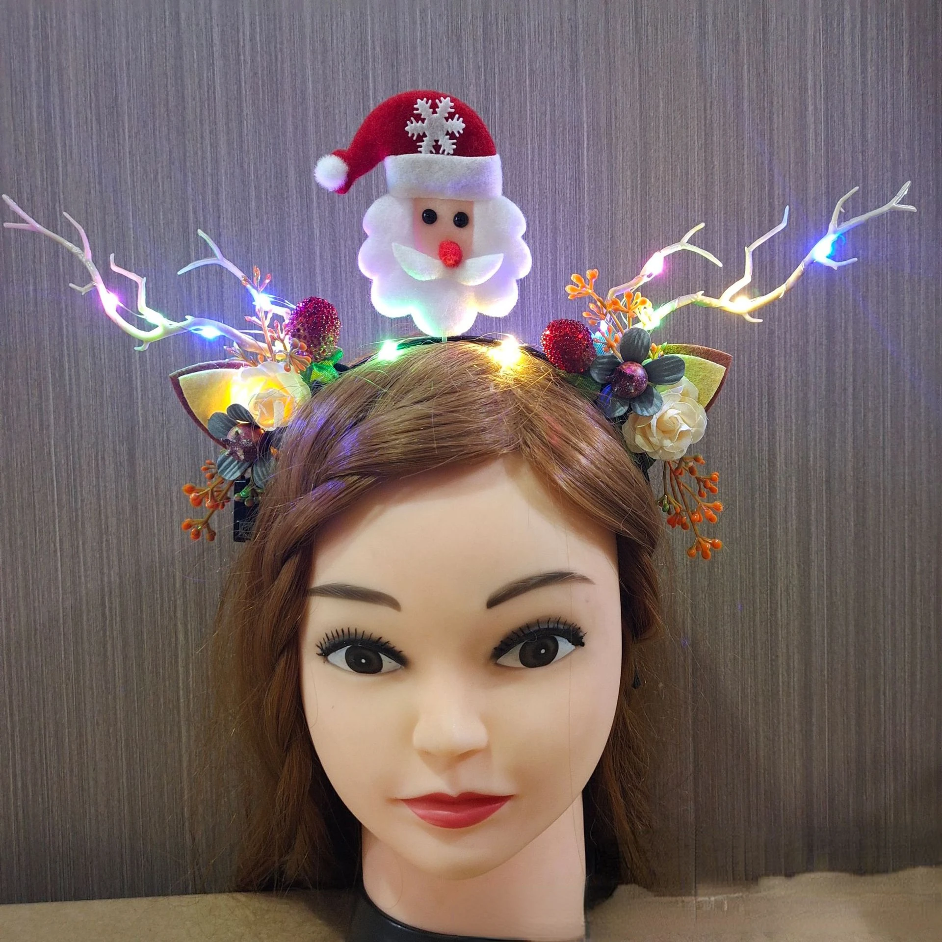 

10pcs LED Antler Headbands Light Up Reindeer Hairbands Hair Hoop Pine Cone Berries Headdress Party Christmas Decoration