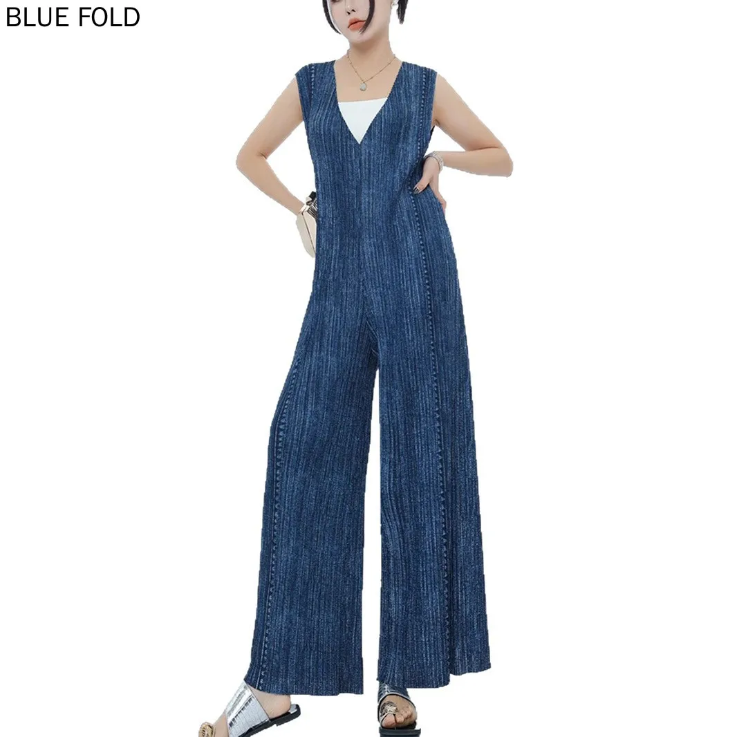 MIYAKE PLEATS Slim-fit DENIM Overalls ผู้หญิงสไตล์เทพธิดาแฟชั่น Jumpsuit หลวมแขนกุดสุภาพสตรี Jumpsuit