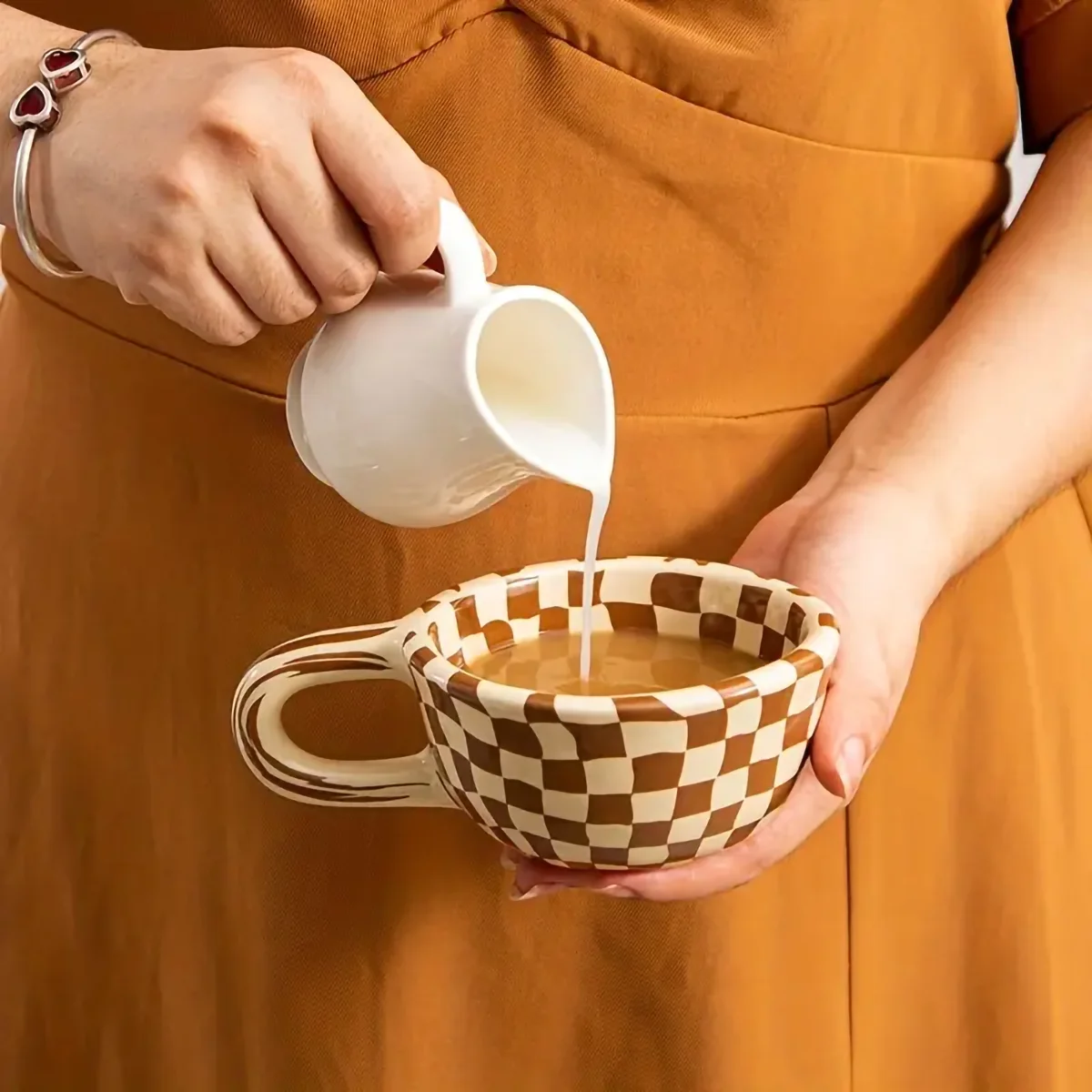 1pc Ceramic coffee cups, brown checkered pattern cups, summer drinks, kitchen supplies, household kitchen supplies