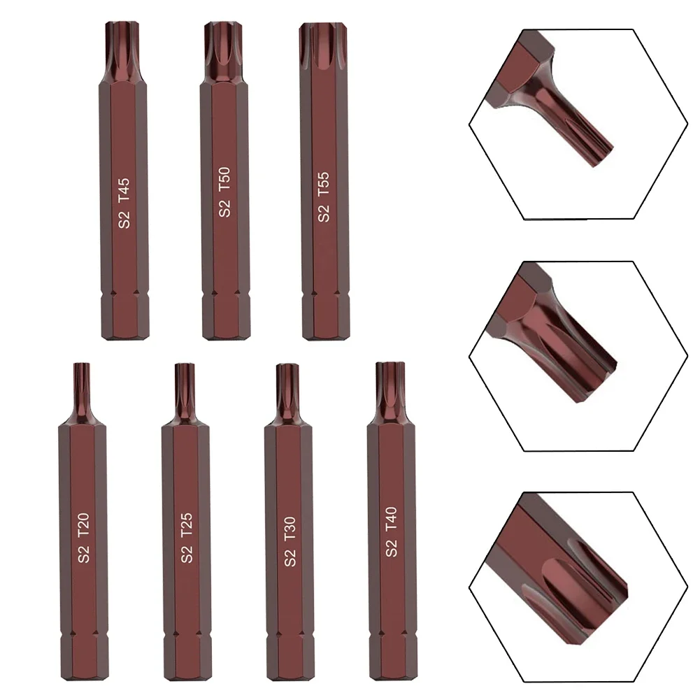 Torx Screwdriver Bit Set Cabeça de aço de liga Chave de fenda Hex Shank Ajuste para chave de fenda de impacto T20, T25, T30, T40, T45, T50, T55, 7pcs, 30, 75mm