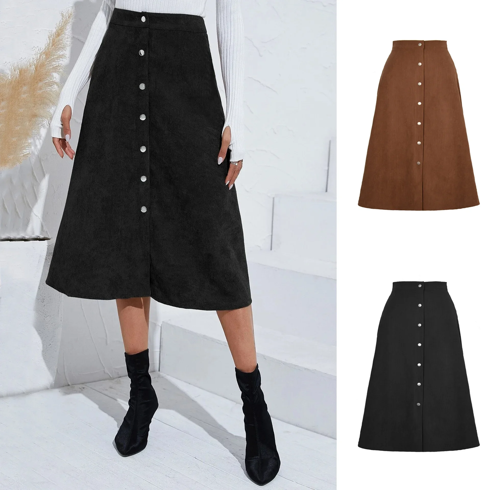 

Wepbel High Waist Autumn Dress Women Solid Color Corduroy Skirt Single-Breasted A-line Big Swing Fashion Casual Skirts Bottom