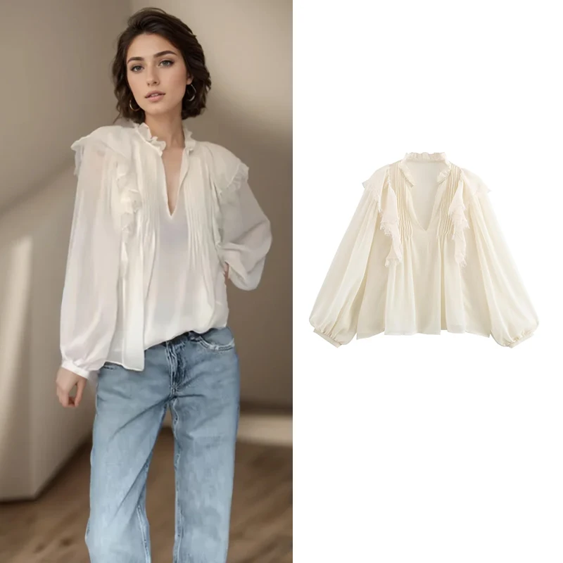 

Shirts Women's Spring 2025 New Blouses Chic Slim V-neck Chiffon Comfortable Women's Shirt Top Street Fashion Young Blouses