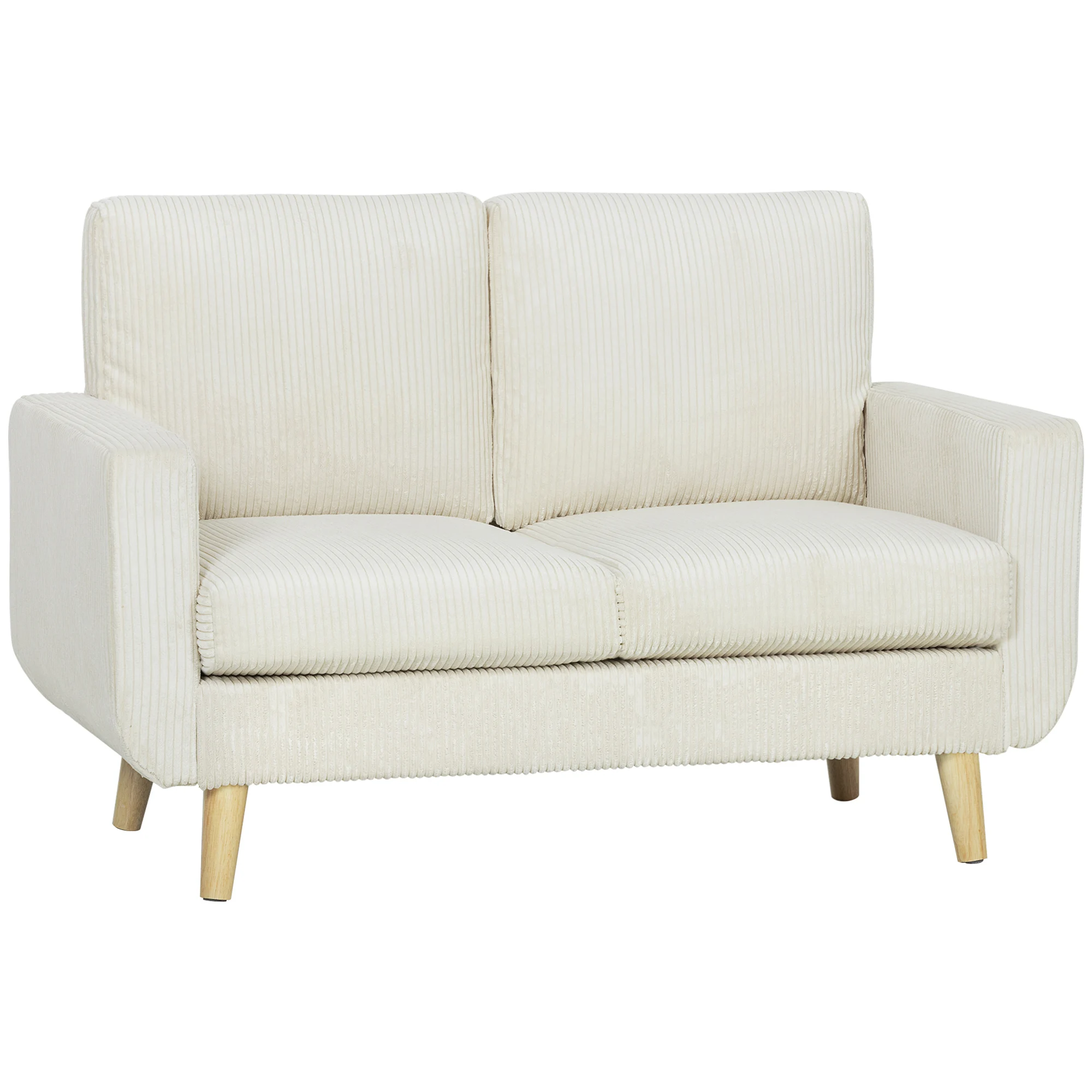 HOMCOM Sofá de 2 Plazas, Tapizado en Pana, Sofá Moderno con Acolchado y Respaldo Grueso, Cojines de Resortes, Patas de Madera, para Dormitorio, Oficina, Sala de Estar, 134x74x84 cm, Blanco Crema
