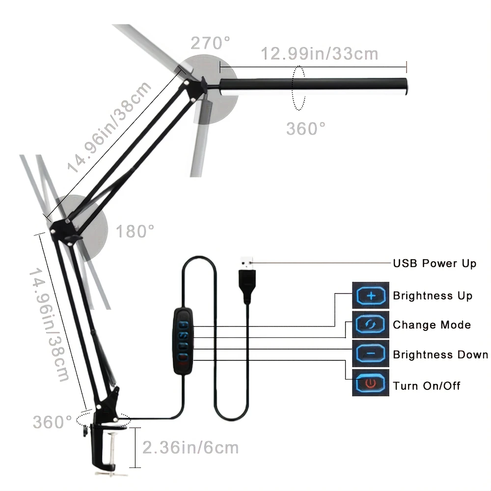 LED Desk Lamp Eye-Caring Adjustable Swing Arm Table Light with Clamp reading lights night light for Study Reading Work Task/Offi