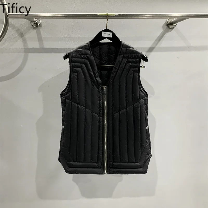 TIFICY Fashion Men's and Women's Dark Thin Down Zipper Sleeveless Jacket with Striped Stitching Design Motorcycle Trendy Vest