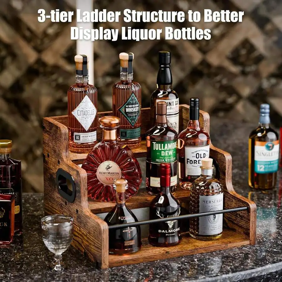 Solid Wood Liquor Bottle Display Shelf, Coffee Syrup Rack Organizer, 3 Step Countertop Liquor Wine Rack, Mini Bar, Liquor Cabine image 12