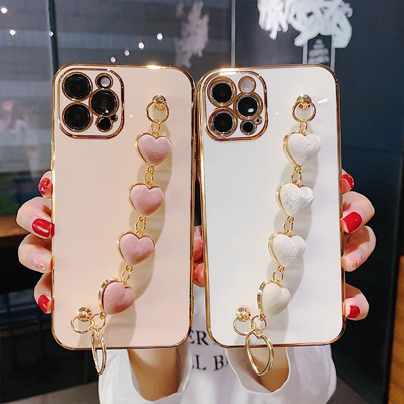 Bracelet Love Heart Plating Phone Case  For iPhone 11 12 13 14 Pro Max Mini X XR 7 8 Plus SE 3 Soft Shockproof Bumper Back Cover
