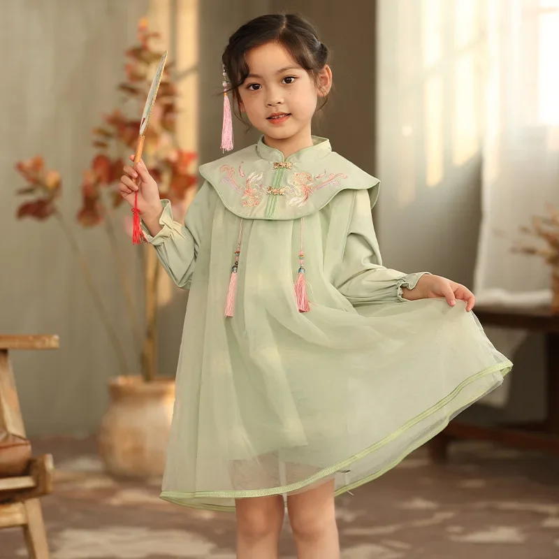 Girls' Han Chinese Costume Dress 2024 Autumn New Chinese Style Goldfish Embroidered Children's Cloud Shoulder Mesh Hanfu Skirt