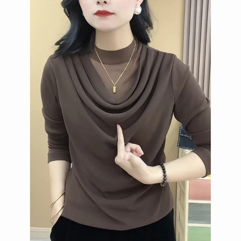 

Fashion Stand Collar Solid Color Gauze Folds T-Shirts Women's Clothing 2024 Autumn New Loose All-match Tops Commuter Tee Shirt