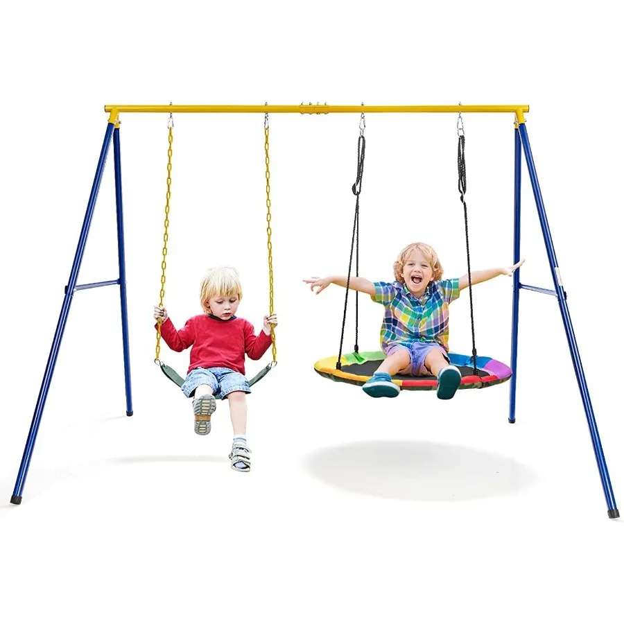 

660lbs 2 Seat Metal Swing Frame Set with Saucer Swing Belt Swing Heavy Duty A-Frame Swing Stand w/Ground Stakes and Adjustable