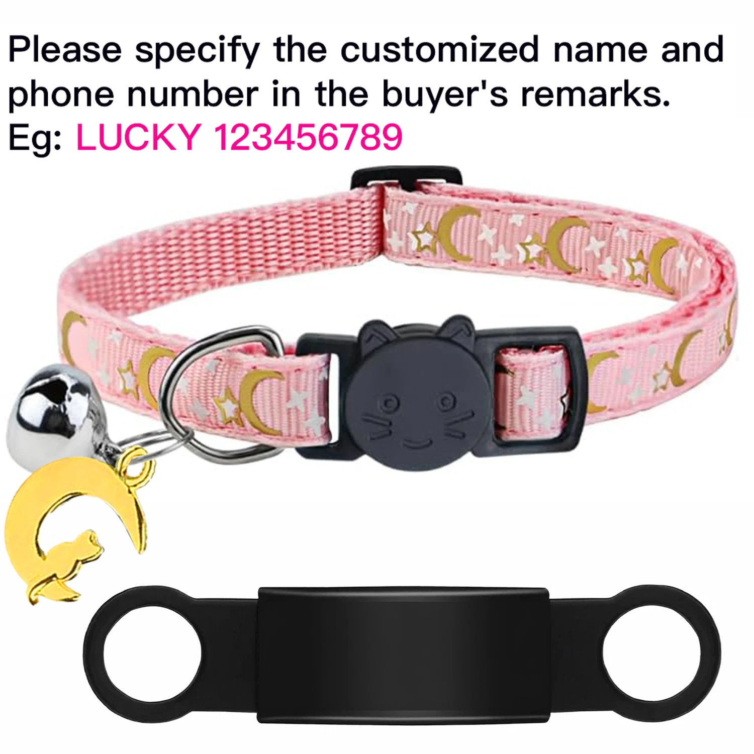 Maßgeschneiderte süße leuchtende Katzenhalsband mit kostenloser Gravur für Welpen und Kätzchen, Anti-Verlust-Haustier-ID-Namensschild-Halskette mit Glöckchen- und Mondornament
