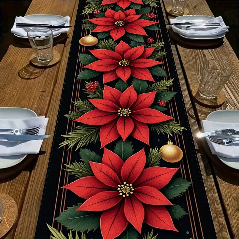 Christmas Poinsettia Pine Needle Linen Table Runner Holiday Party Decor Winter Kitchen Dining Table Runner Christmas Decorations