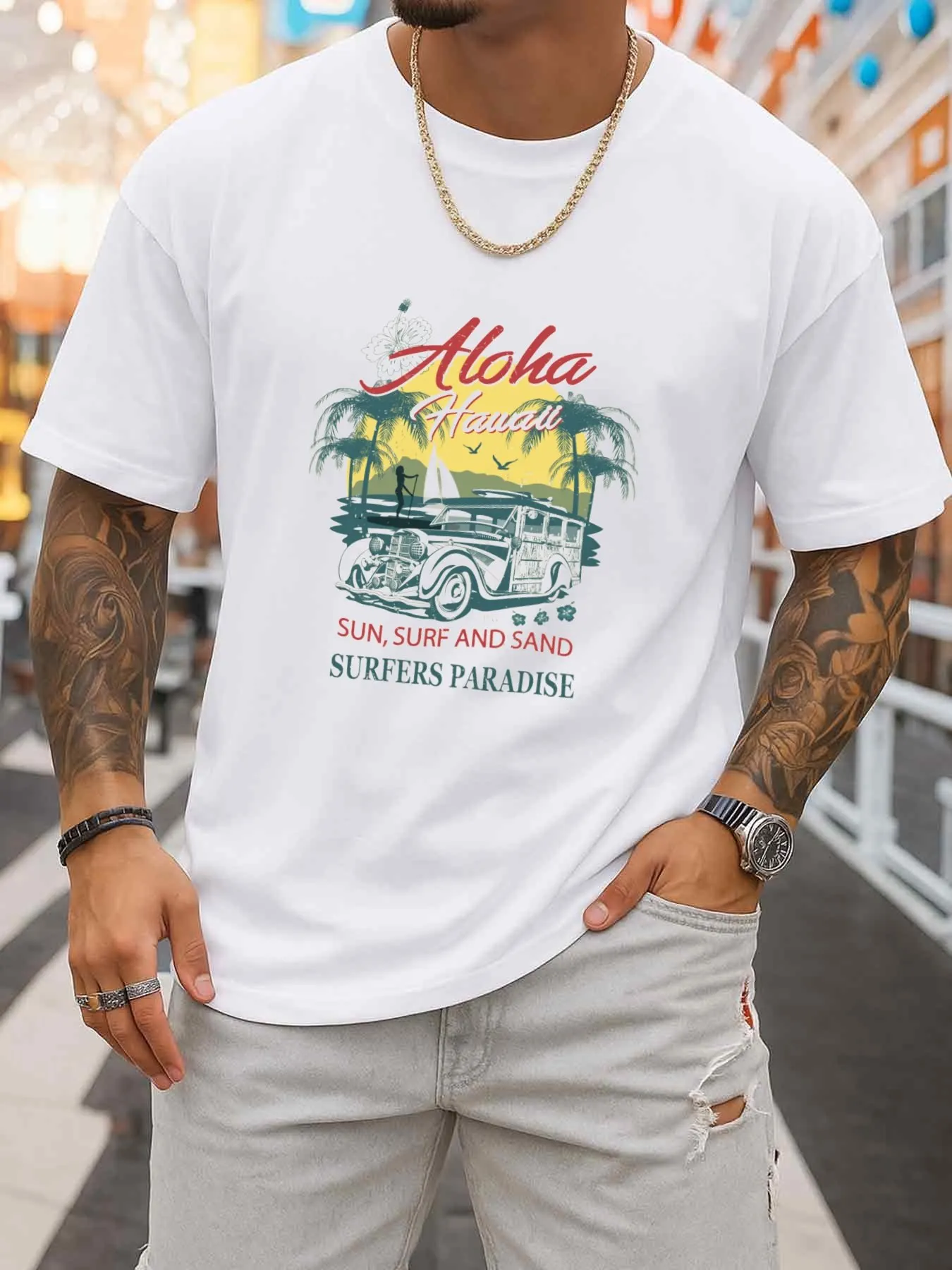 Hawaii Aloha Surf T-Shirt for Men, White, Round Neck, Perfect Casual Style, Suitable for Summer Outdoor Activities and Casual Wear, All-Season Fitness Top, Stylish Sporty Look, Durable Sportswear, Trendy Print Design, Round Neck, Regular Fit, Short Sleeves
