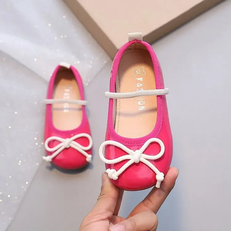 Girls' Leather Shoes 2024 Spring/Autumn Kids Flats with Simple Lacing Bow Round Toe Soft Sole Colored Princess Shoes for Show