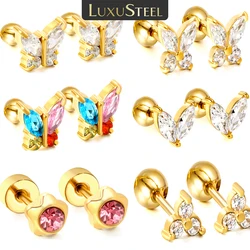 LUXUSTEEL 2Pcs Butterfly Shape Earrings Stainless Steel Golden Plated Cubic Zirconia Round Ball Screw Back Cartilage Earrings