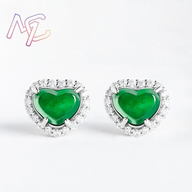 الأخضر ميانمار الجاديت أقراط على شكل قلب الأذن مربط التعويذات مصمم سحر مجوهرات هدايا للنساء محظوظ الطبيعية البورمية اليشم #2