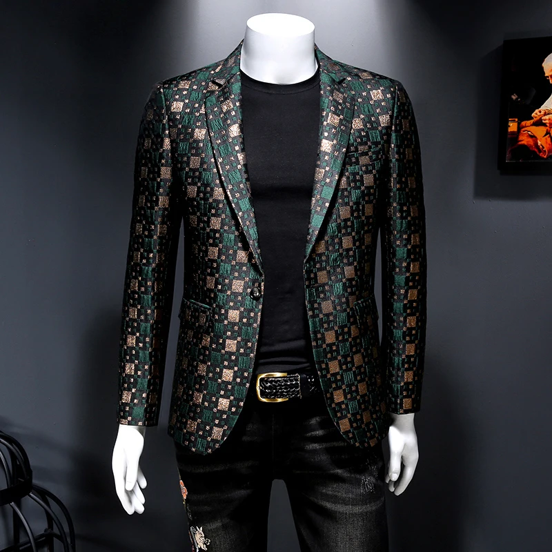 Brand Clothing Men Blazer Personality Wild Men\'s Suit Jacket High Quality Fashion Plaid Print Slim Fit Warm Blazer Coat Male 6XL