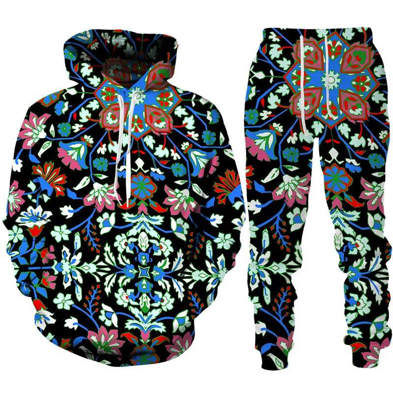 Men Hoodies Sets Colorful Cashew Flower Tracksuit Men 2 Piece Set 3D Print Casual Hoodie Pants Fashion Jogging Man Sportswear