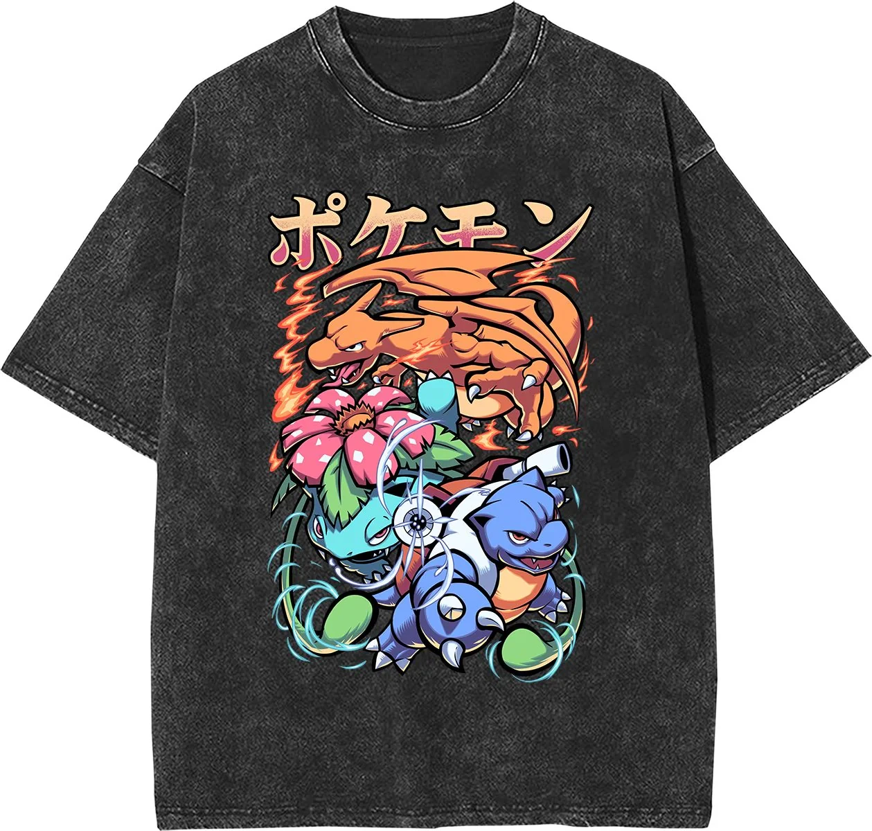 

Pokémon Gengar and Pikachu Anime T-Shirt Vintage Washed Black Tee for Men Women Casual Streetwear Fashion Top