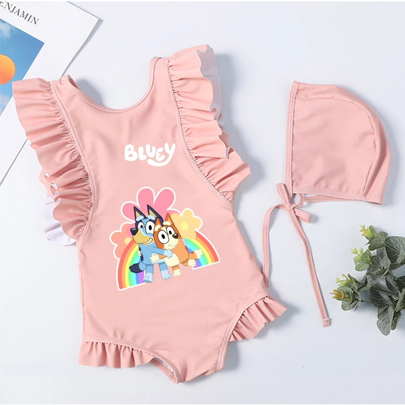 

Детские летние купальники Bluey для девочек: цельные и раздельные комплекты с шапочкой для плавания, пляжная одежда для детей